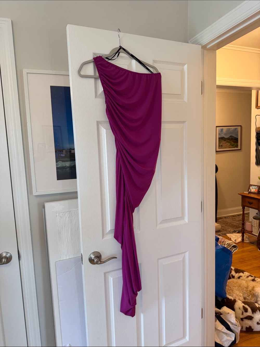 Guess One-Shoulder Ruched Magenta Dress